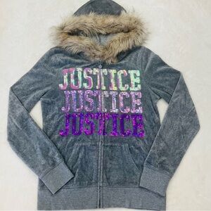 JUSTICE Gray Faux Fur Hooded Full Zip Sweatshirt Sequins Lettering  | Girl 14